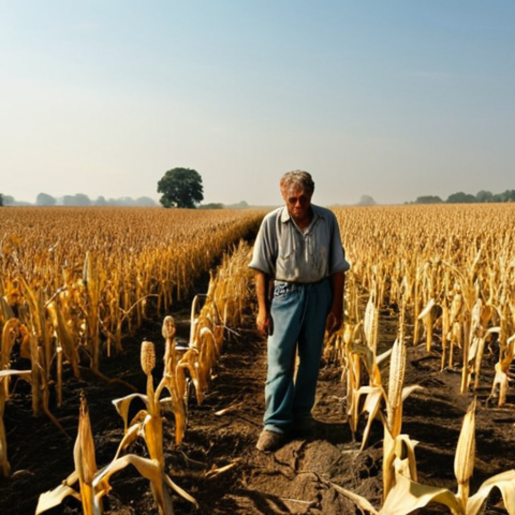 **Image Prompt:** A parched cornfield under a blazing sun. In the foreground, a farmer with a weathered face looks despairingly at stunted, yellowed corn stalks. The sky is a hazy, ominous orange. This image represents reduced crop yields due to heat stress and drought.