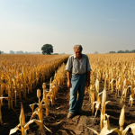 **Image Prompt:** A parched cornfield under a blazing sun. In the foreground, a farmer with a weathered face looks despairingly at stunted, yellowed corn stalks. The sky is a hazy, ominous orange. This image represents reduced crop yields due to heat stress and drought.