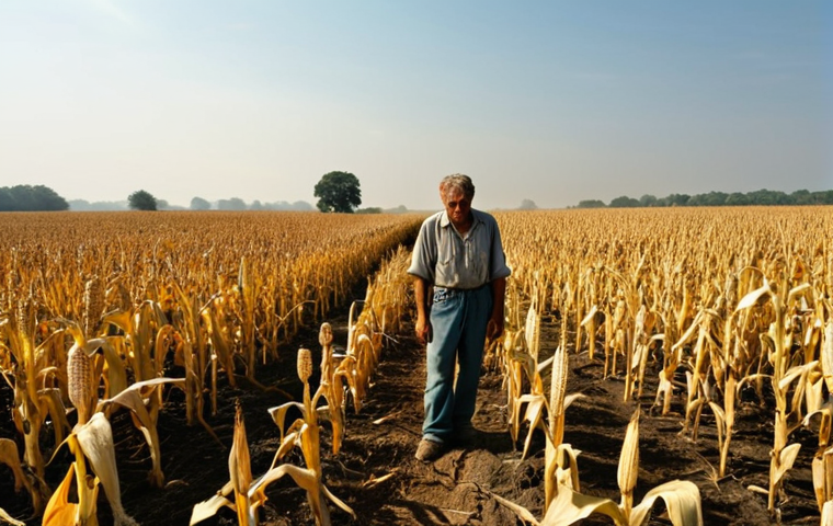 **Image Prompt:** A parched cornfield under a blazing sun. In the foreground, a farmer with a weathered face looks despairingly at stunted, yellowed corn stalks. The sky is a hazy, ominous orange. This image represents reduced crop yields due to heat stress and drought.