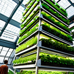 **Image Prompt:** A futuristic vertical farm in the middle of a bustling city. Lush green plants are growing in stacked layers inside a brightly lit building with large windows. Solar panels are visible on the roof. People are walking by outside, looking up in amazement. The scene should convey innovation, sustainability, and urban agriculture. Focus on vibrant colors and a hopeful, forward-looking aesthetic.