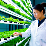A focused agricultural scientist, fully clothed in a professional lab coat over appropriate work attire, stands thoughtfully inside a brightly lit, sterile vertical farm facility. Lush green plants grow in stacked layers under LED lights, with advanced sensors and hydroponic systems visible. The atmosphere is clean and high-tech, showcasing innovation in food production. Perfect anatomy, correct proportions, natural pose, well-formed hands, proper finger count, natural body proportions, safe for work, appropriate content, fully clothed, professional dress, high quality.