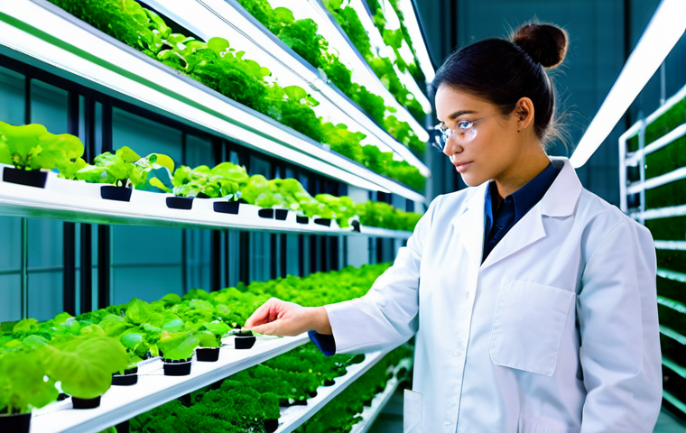 A focused agricultural scientist, fully clothed in a professional lab coat over appropriate work attire, stands thoughtfully inside a brightly lit, sterile vertical farm facility. Lush green plants grow in stacked layers under LED lights, with advanced sensors and hydroponic systems visible. The atmosphere is clean and high-tech, showcasing innovation in food production. Perfect anatomy, correct proportions, natural pose, well-formed hands, proper finger count, natural body proportions, safe for work, appropriate content, fully clothed, professional dress, high quality.