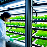 Vertical Farm Interior**

"A bright, indoor vertical farm. Rows of leafy greens and herbs are growing under LED lights in a multi-tiered system. Robotic arms are tending to the plants. Scientists in lab coats are monitoring the growth. Modern, clean, and futuristic. Safe for work, appropriate content, fully clothed, professional, perfect anatomy, natural proportions, family-friendly, high resolution, detailed."

**