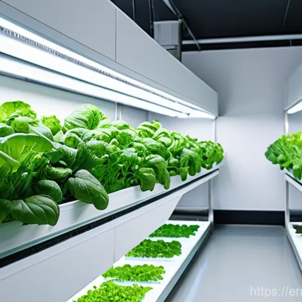 수경재배 설비의 최적화 - **A modern, pristine indoor hydroponic garden setup.** The scene should feature vertical racks of lu...