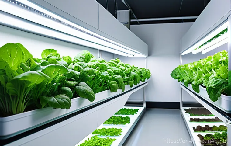 수경재배 설비의 최적화 - **A modern, pristine indoor hydroponic garden setup.** The scene should feature vertical racks of lu...