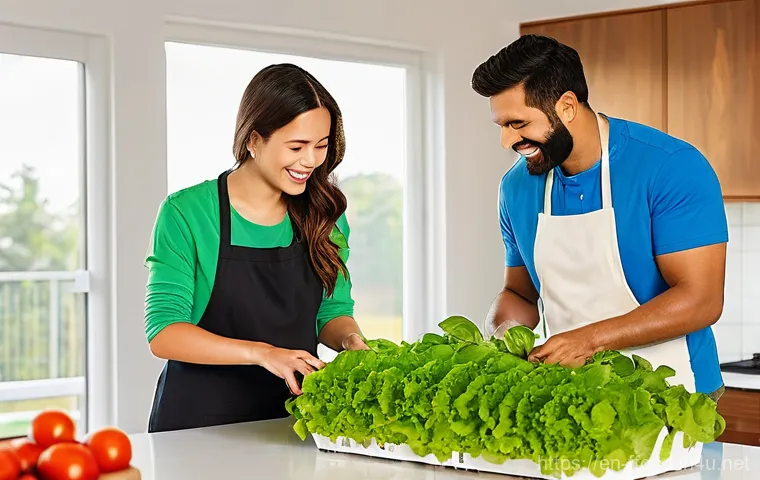 수경재배 설비의 최적화 - **A modern, pristine indoor hydroponic garden setup.** The scene should feature vertical racks of lu...