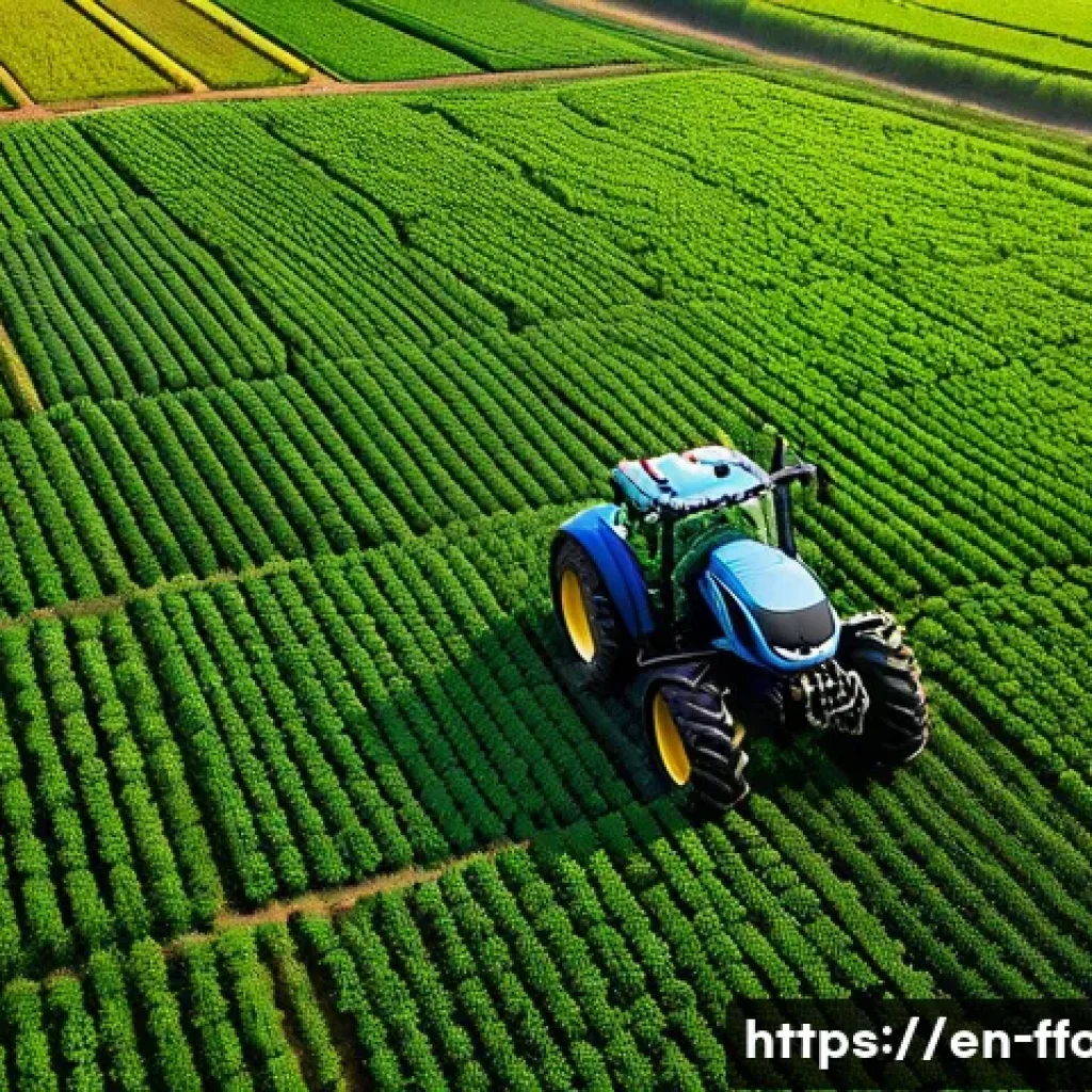 미래의 농업 환경과 기술 - A high-tech farm scene featuring drones flying over lush green crop fields, capturing multispectral ...