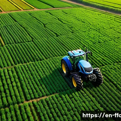 미래의 농업 환경과 기술 - A high-tech farm scene featuring drones flying over lush green crop fields, capturing multispectral ...