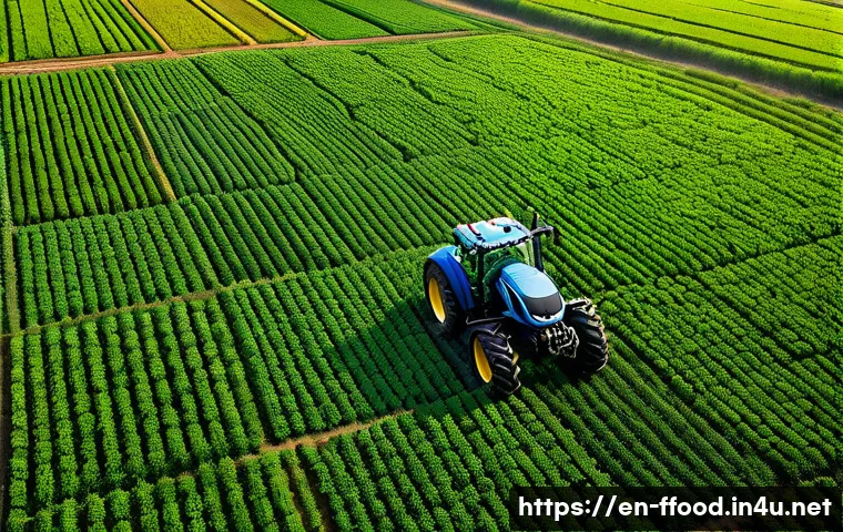 미래의 농업 환경과 기술 - A high-tech farm scene featuring drones flying over lush green crop fields, capturing multispectral ...