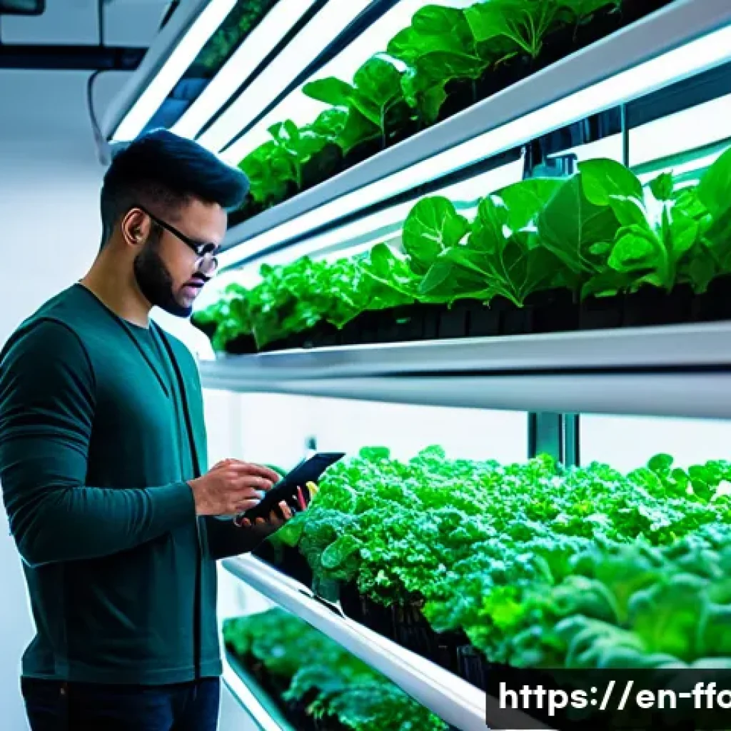 식량 부족 문제 해결을 위한 기술 - A high-tech urban vertical farm interior featuring multiple stacked layers of lush green leafy veget...