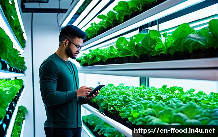 식량 부족 문제 해결을 위한 기술 - A high-tech urban vertical farm interior featuring multiple stacked layers of lush green leafy veget...