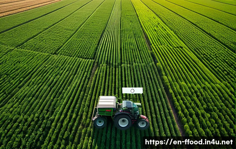 농업과 식량 안보의 미래 - A modern precision agriculture farm scene during golden hour, featuring a sleek GPS-guided tractor n...