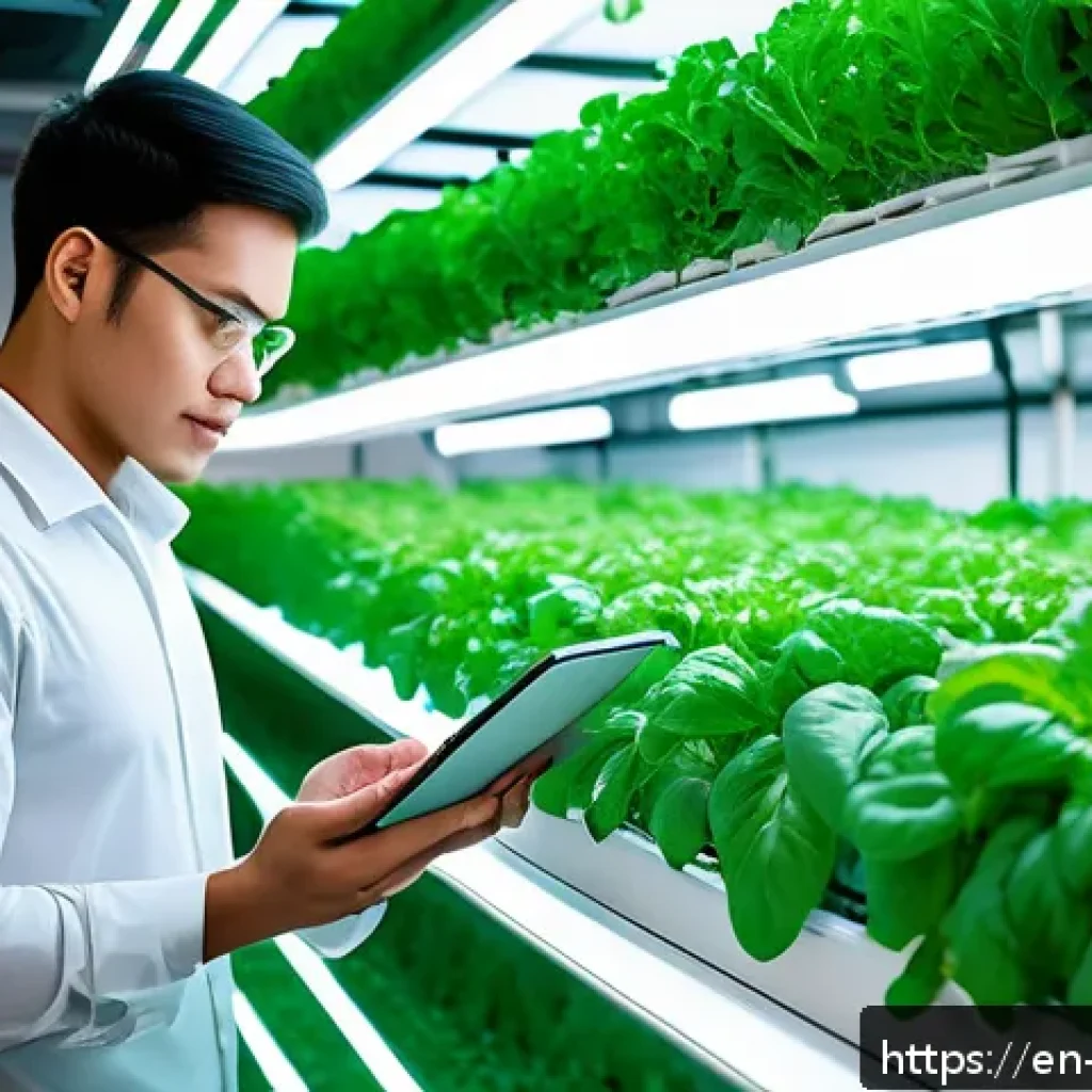 수경재배와 환경 보호 - A high-tech indoor vertical hydroponic farm in an urban warehouse setting, featuring multiple layers...