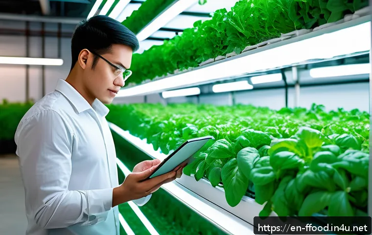 수경재배와 환경 보호 - A high-tech indoor vertical hydroponic farm in an urban warehouse setting, featuring multiple layers...
