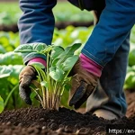 농업에서의 물질 순환 시스템 - A vibrant small-scale organic farm scene showcasing rich, dark soil teeming with visible microbial l...