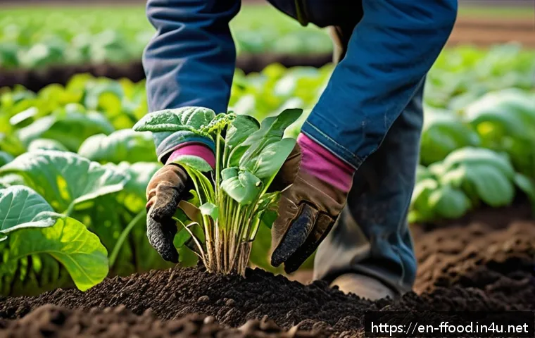 농업에서의 물질 순환 시스템 - A vibrant small-scale organic farm scene showcasing rich, dark soil teeming with visible microbial l...