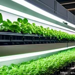 수경재배와 전통 농업의 차이 - A modern urban hydroponic farm inside a repurposed warehouse, featuring tall vertical racks filled w...