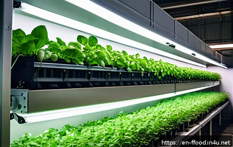 수경재배와 전통 농업의 차이 - A modern urban hydroponic farm inside a repurposed warehouse, featuring tall vertical racks filled w...