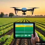 농업의 미래  인구 증가와 공급 문제 - A modern farm landscape at sunrise featuring a farmer using a tablet to monitor crop health through ...