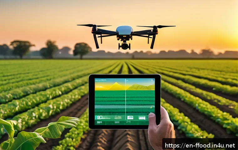 농업의 미래  인구 증가와 공급 문제 - A modern farm landscape at sunrise featuring a farmer using a tablet to monitor crop health through ...