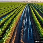 자동화된 농업 시스템 - A modern agricultural field at sunrise with rows of vibrant green crops uniformly flourishing under ...