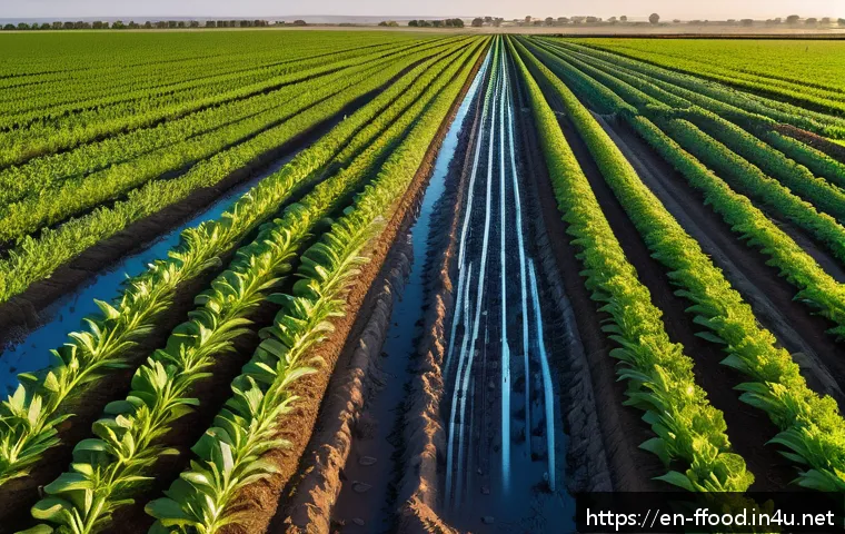 자동화된 농업 시스템 - A modern agricultural field at sunrise with rows of vibrant green crops uniformly flourishing under ...