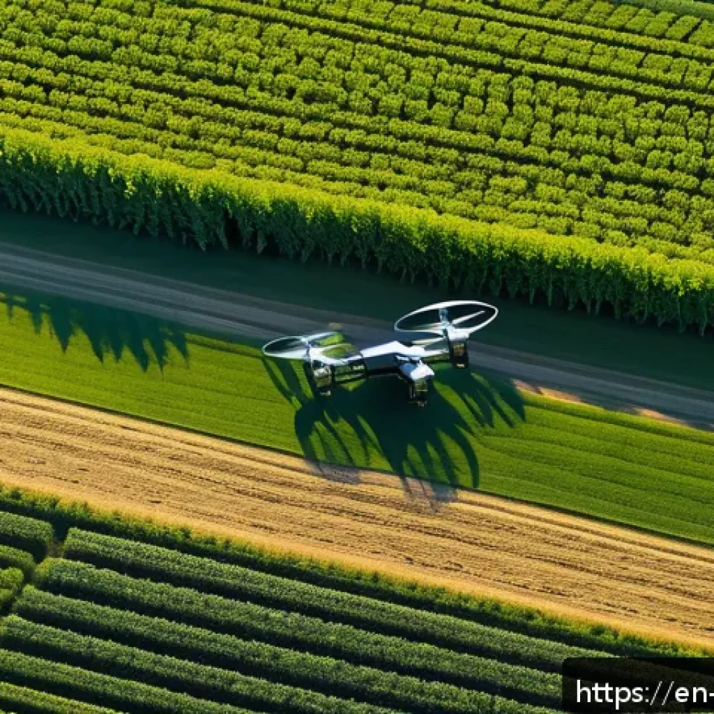 농업 혁신과 식량 안보 - A high-tech agricultural drone flying over a vast green crop field during golden hour, equipped with...