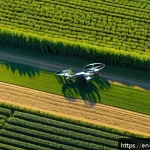 농업 혁신과 식량 안보 - A high-tech agricultural drone flying over a vast green crop field during golden hour, equipped with...