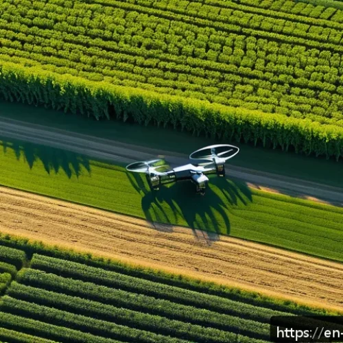 농업 혁신과 식량 안보 - A high-tech agricultural drone flying over a vast green crop field during golden hour, equipped with...