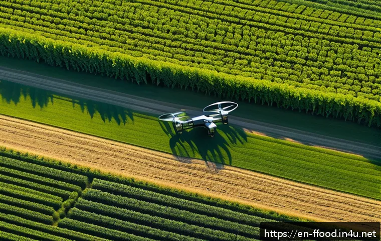 농업 혁신과 식량 안보 - A high-tech agricultural drone flying over a vast green crop field during golden hour, equipped with...