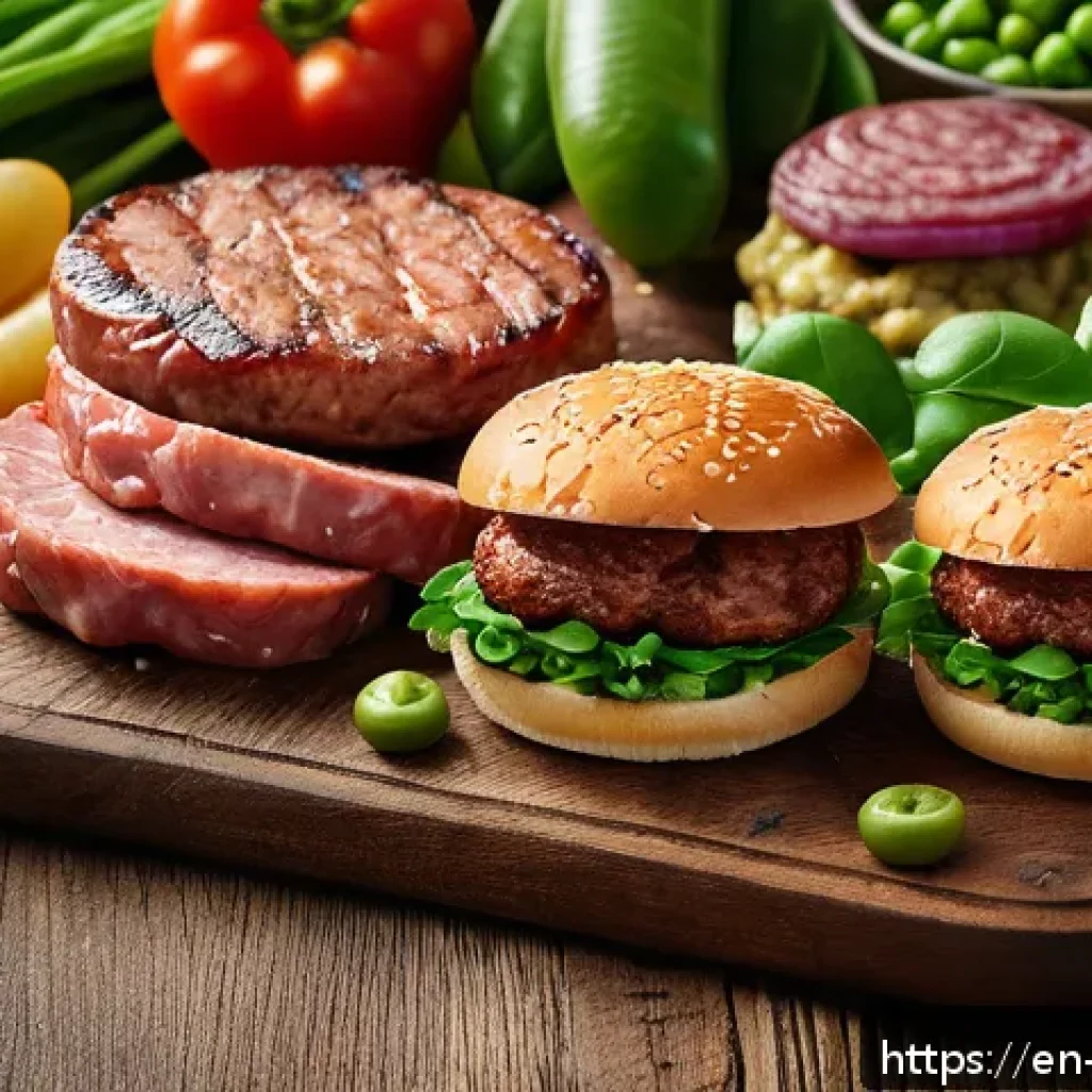 대체육 브랜드 분석 - A vibrant, close-up image of a variety of plant-based meat products displayed on a rustic wooden tab...