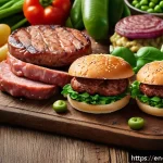 Home 23 대체육 브랜드 분석 - A vibrant, close-up image of a variety of plant-based meat products displayed on a rustic wooden tab...