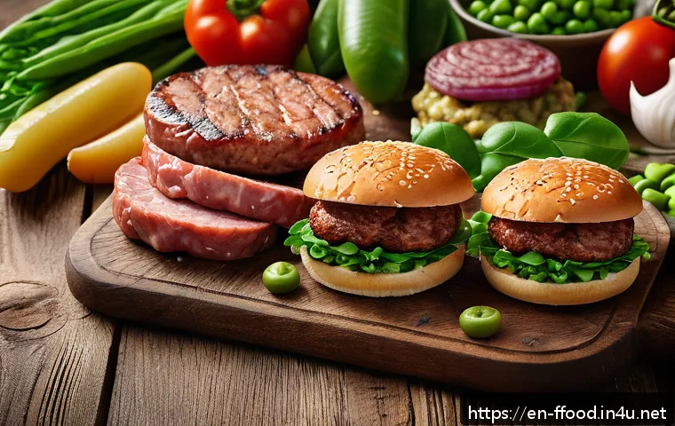 대체육 브랜드 분석 - A vibrant, close-up image of a variety of plant-based meat products displayed on a rustic wooden tab...