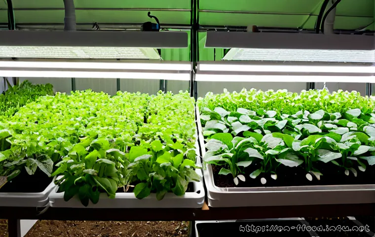 Home 17 실험실 재배와 전통 재배의 차이점 - Photorealistic side-by-side comparison in a bright agricultural research greenhouse: on the left, a ...