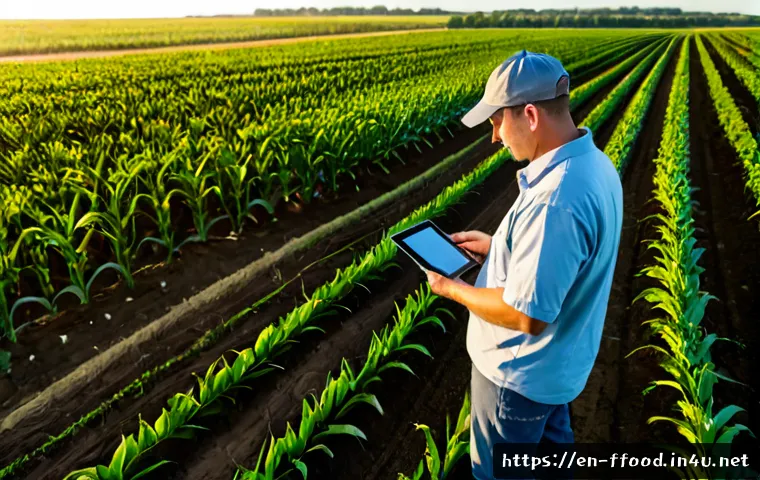Home 17 농업 생산성 향상 기술 - Photorealistic precision agriculture scene in a vast Midwestern cornfield, a farmer in practical wor...