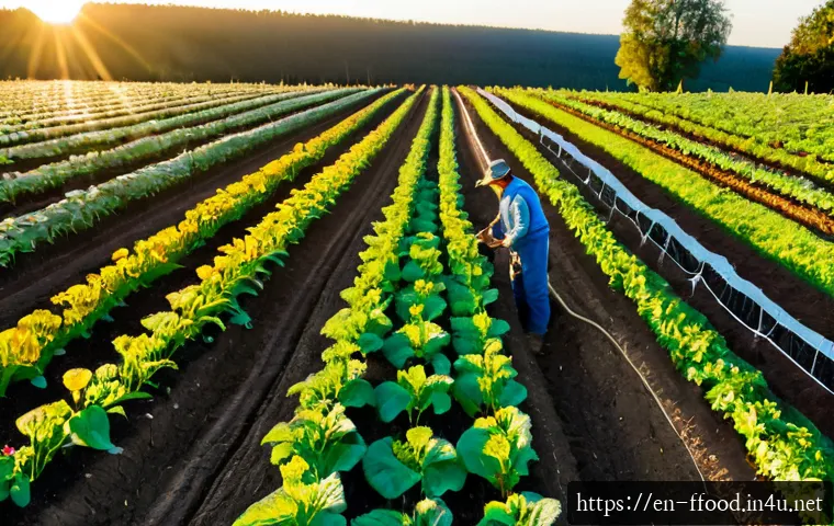 친환경 농업의 미래 전망 - Photorealistic wide-angle view of a regenerative farm at sunrise, diverse vegetable rows beside wild...