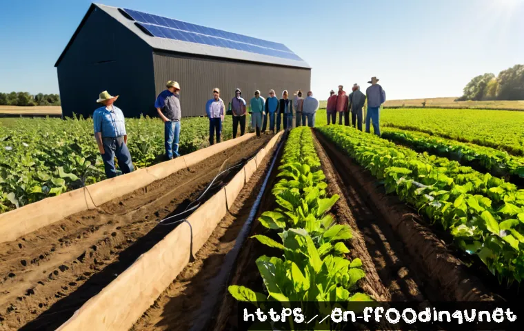 지속 가능한 농업을 위한 정책 - Photorealistic wide-angle scene of a diverse group of American farmers, agricultural advisors, and l...