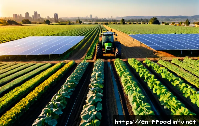 농업의 미래와 인구 증가 - Photorealistic wide-angle view of a modern sustainable farm at sunrise, diverse rows of vegetables s...