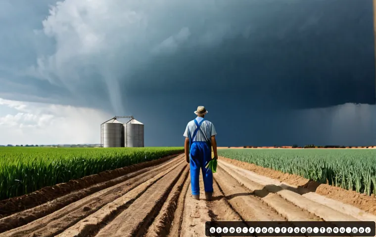 Home 17 기후 변화의 식량 안보 영향 - Photorealistic split agricultural landscape illustrating climate change and food security: foregroun...