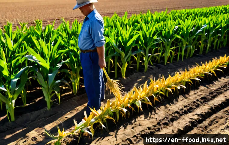 Home 17 기후변화가 농업에 미치는 영향 - Photorealistic wide-angle view of a drought-stricken American corn farm, a middle-aged farmer in pra...